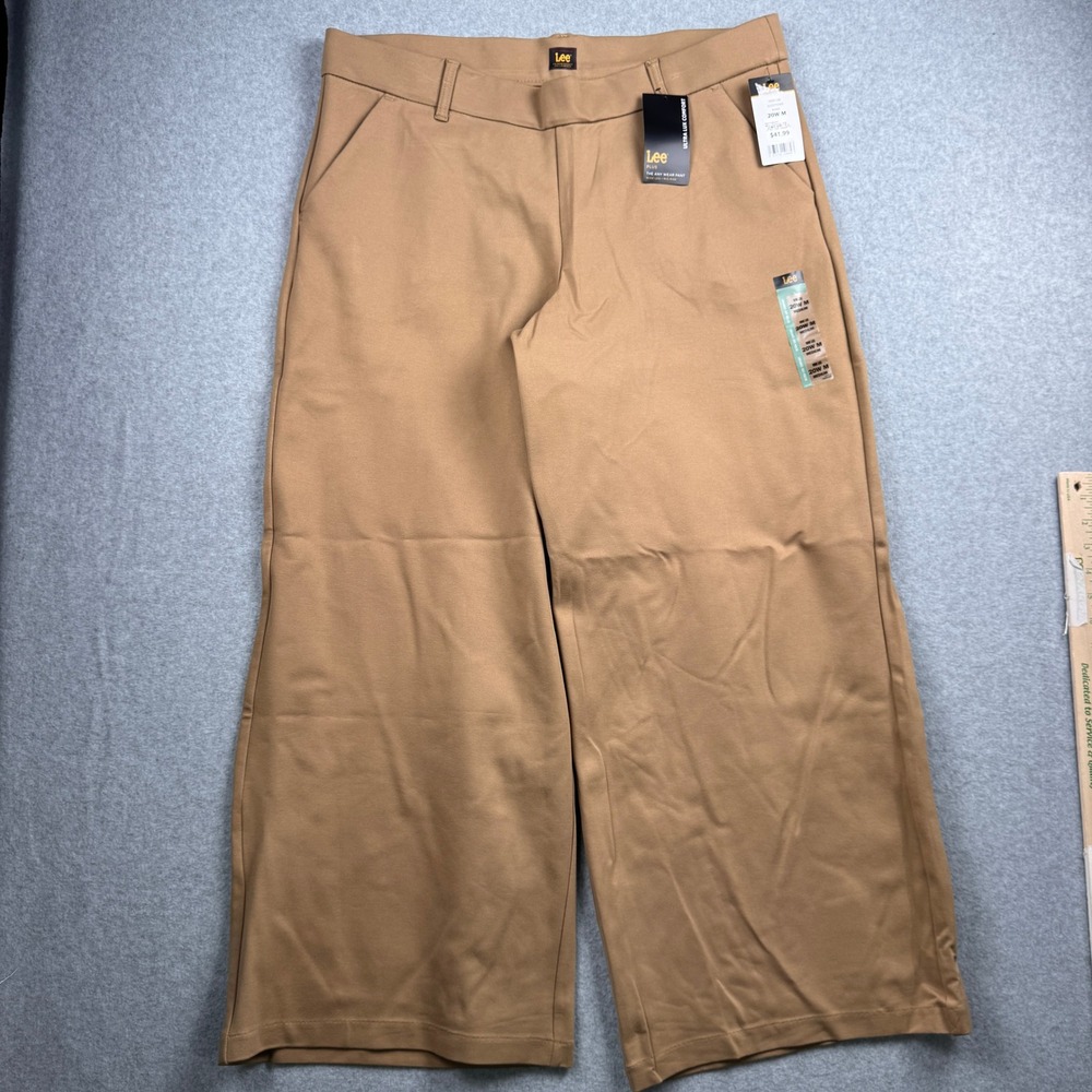 Lee Wide Leg Pants Womens 20W Khaki Ultra Lux Comfort Mid Rise Pull On NEW